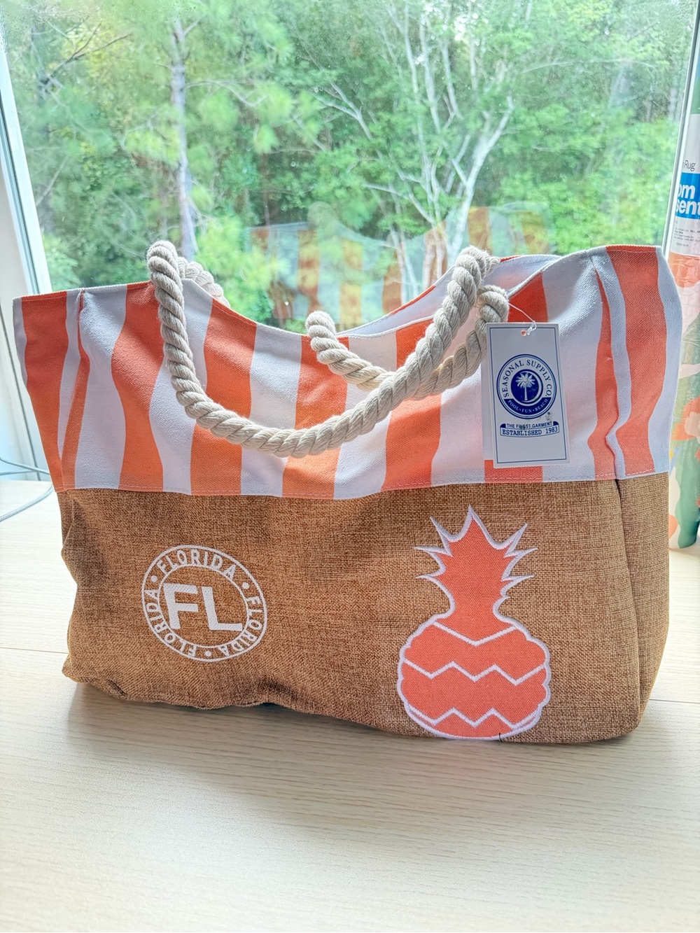 Striped Orange & White Pineapple Tote Bag with Rope Handles